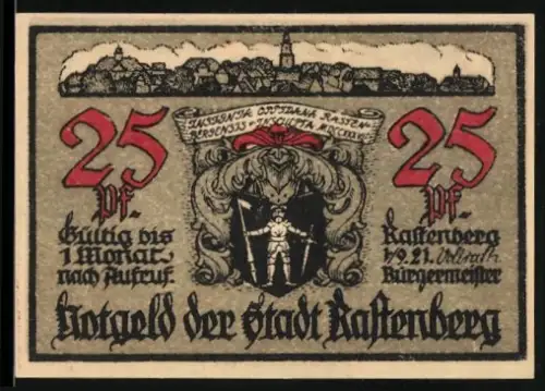 Notgeld Rastenberg 1921, 25 Pf, Ortsansicht, Wappen und Gebäudeillustration