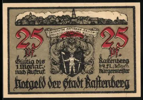 Notgeld Rastenberg 1921, 25 Pf, Ortsansicht und Friedhofseingang
