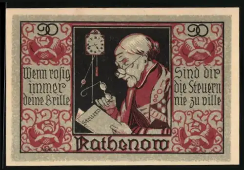 Notgeld Rathenow, 50 Pfennig, Alte Frau mit Brille und Ortsansicht mit Kirche