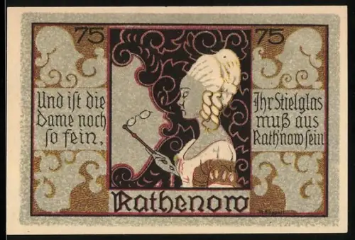Notgeld Rathenow, 75 Pfennig, Dame mit Stielglas und Ortsansicht mit Kirche