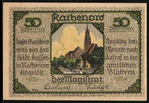 Notgeld Rathenow, 50 Pfennig, Ortsansicht und Förster im Wald mit Lupe
