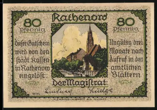 Notgeld Rathenow, 80 Pfennig, Ortsansicht und Reiter auf Pferd