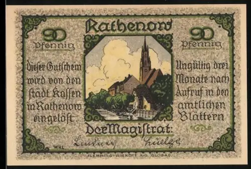 Notgeld Rathenow, 50 Pfennig, Ortsansicht mit Kirche und berittener Soldat in Uniform