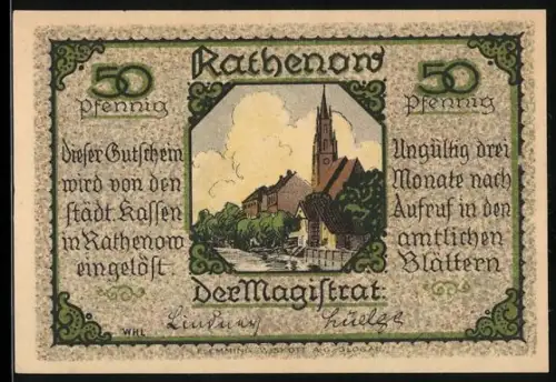 Notgeld Rathenow, 50 Pfennig, Landschaft mit Kirche und Jäger mit Fernglas