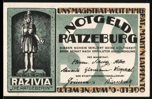 Notgeld Ratzeburg, 50 Pfennig, Razivia Die Ratgeberin und Ortsansicht mit Kirche