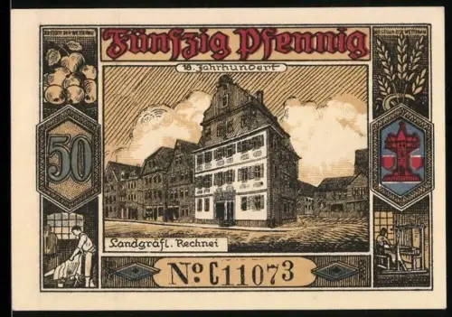 Notgeld Butzbach 1921, 50 Pfennig, Ortsansicht und Landgraf Philipp von Butzbach, 600-jähriges Stadtjubiläum