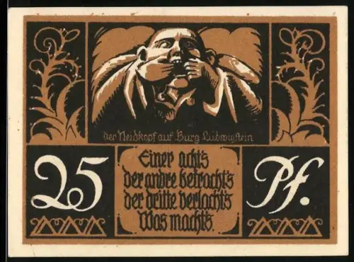 Notgeld Ludwigstein 1921, 25 Pfennig, Motiv mit Neidkopf und Spruchband