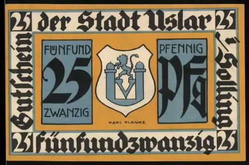 Notgeld Uslar i. Solling 1921, 25 Pfennig, Wappen und Fachwerkhaus