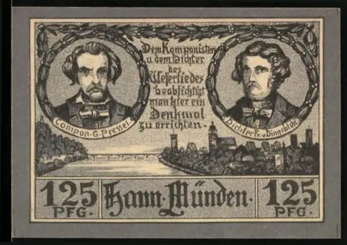 Notgeld Hann. Münden, 125 Pfg, Komponist und Dichter des Weserliedes, Flusslandschaft mit Notenblatt