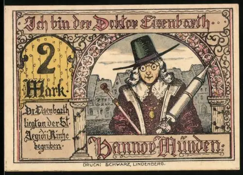 Notgeld Hann. Münden, 2 Mark, Doktor Eisenbarth mit Spritze und Behandlungsszene mit Opiumflasche
