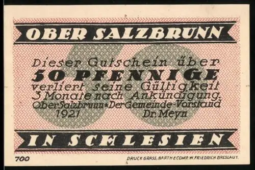 Notgeld Ober Salzbrunn 1921, 50 Pfennig, Berglandschaft zur 700-Jahr-Feier