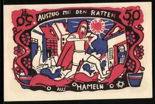 Notgeld Hameln 1922, 50 Pfennig, Rattenfänger-Motiv mit Rattenaustreibung