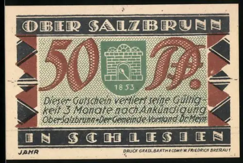 Notgeld Bad Salzbrunn i. Schles., 50 Pf, Jubiläum mit Torbogen und Landschaftsmotiv