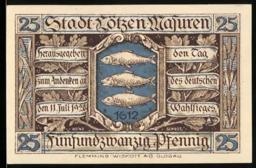 Notgeld Lötzen i. Ostpr. 1920, 25 Pfennig, Drei Fische und Schlossansicht