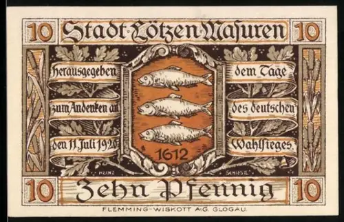 Notgeld Lötzen /Masuren 1921, 10 Pfennig, drei Fische und Schloss Lötzen
