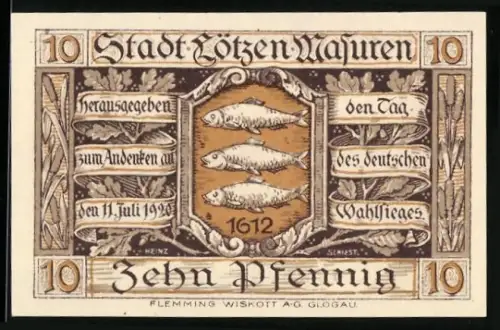 Notgeld Lötzen /Masuren 1920, 10 Pfennig, drei Fische und das Schloss zu Lötzen