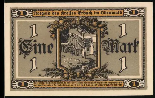 Notgeld Erbach i. Odw. 1918, 1 Mark, Bauernhof und Frau mit Obstkorb