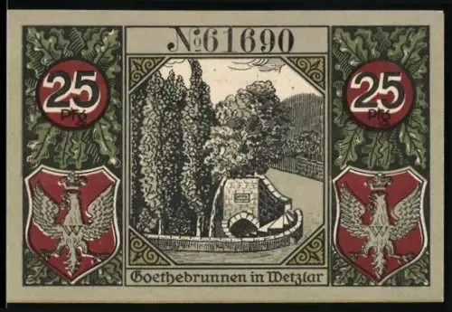 Notgeld Wetzlar 1920, 25 Pfennig, Goethebrunnen und Porträts von Goethe und Charlotte Buff