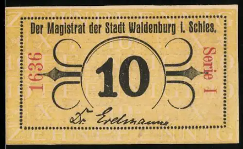 Notgeld Waldenburg i. Schles., 10 Pfennig, dekoratives Design mit Schriftzug und Seriennummer
