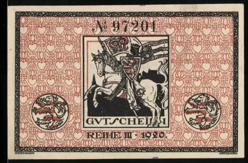 Notgeld Marburg 1920, 50 Pfennig, Ritter auf Pferd und Ortsansicht mit Säule