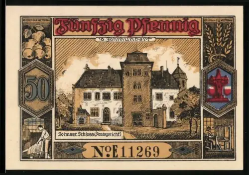 Notgeld Butzbach 1921, 50 Pfennig, Solmser Schloss und Landgraf Philipp von Butzbach