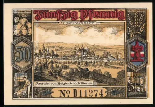 Notgeld Butzbach 1921, 50 Pfennig, Ortsansicht und Landgraf Philipp von Butzbach