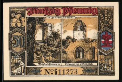 Notgeld Butzbach 1921, 50 Pfennig, Hexenturm und Griedeler Tor