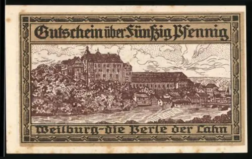 Notgeld Weilburg a. d. Lahn 1920, 50 Pfennig, Schlossansicht und Arbeiter mit Werkzeugen