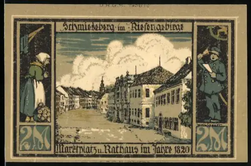Notgeld Schmiedeberg i. R., 2 Mark, Marktplatz und Denkmal