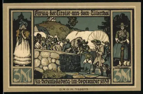 Notgeld Schmiedeberg i.R., 3 Mark, Einzug der Tiroler aus dem Zillertal, Denkmal