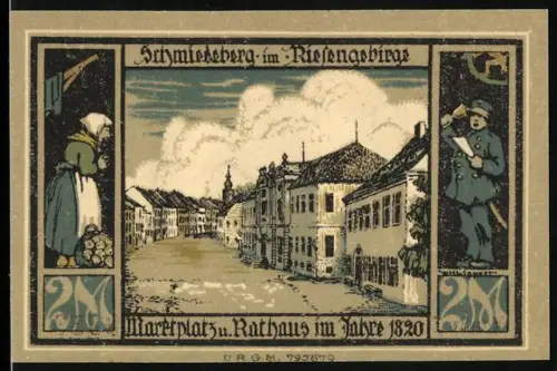Notgeld Schmiedeberg i. R. 1920, 2 Mark, Marktplatz und Rathaus, Kriegerdenkmal