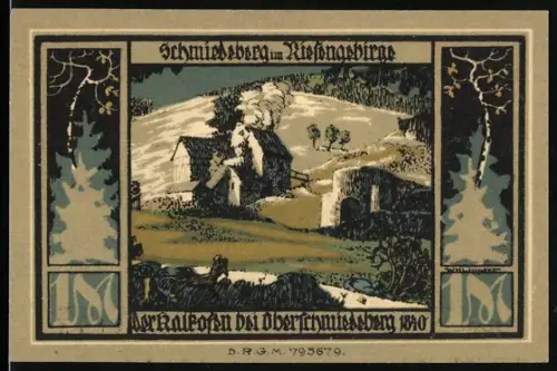 Notgeld Schmiedeberg i. Rsgb., 1 Mark, Kalkofen und Kriegerdenkmal