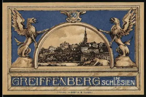 Notgeld Greiffenberg i. Schlesien 1920, 50 Pfennig, Greifen und Ortsansicht