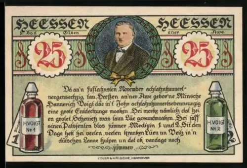 Notgeld Heessen bei Bad Eilsen 1921, 25 Pfennig, Porträt und Gebäude des Wunder-Doktors