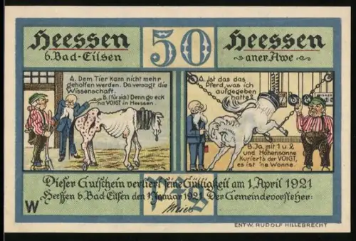 Notgeld Hessen b. Bad Eilsen 1921, 50, humorvolle Szenen mit Pferd und Badehaus