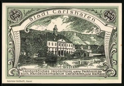 Notgeld Carlshafen, 1.50 Mark, Landgräfliches Jagdschloss und Porträt Carl Landgraf zu Hessen