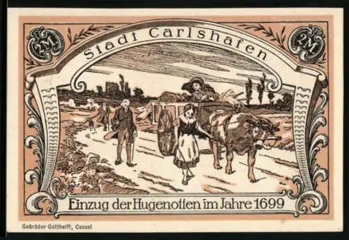 Notgeld Carlshafen, 2 Mark, Einzug der Hugenotten 1699, Porträt von Carl Landgraf zu Hessen