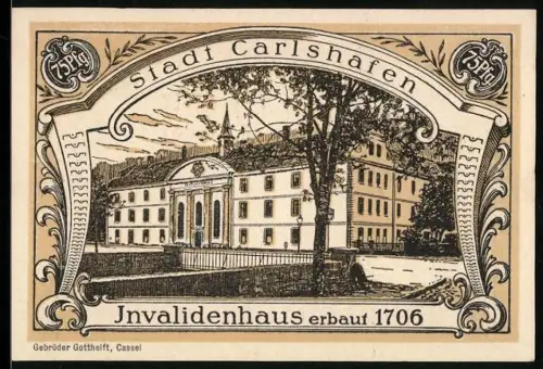 Notgeld Carlshafen, 75 Pfennig, Invalidenhaus und Carl Landgraf zu Hessen mit Obelisk und Wappen