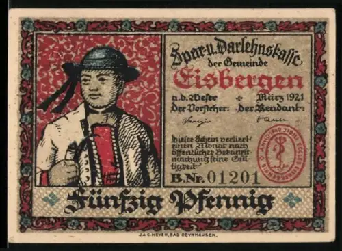 Notgeld Eisbergen a. d. Weser 1921, 50 Pfennig, Mann mit Tracht und Kirche