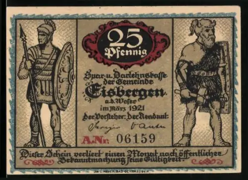 Notgeld Eisbergen a. d. Weser 1921, 25 Pfennig, römischer Soldat und Germanenkämpfer, Schlachtszene