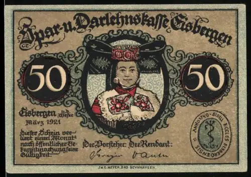 Notgeld Eisbergen 1921, 50 Pfennig, Mann in Tracht und Innenraum einer Kirche