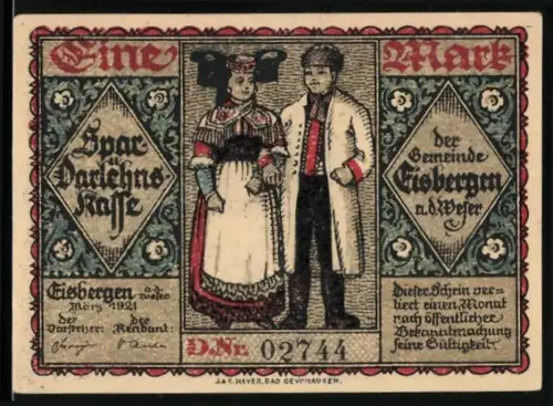 Notgeld Eisbergen a.d. Weser 1921, 1 Mark, traditionell gekleidetes Paar, Tanzszene