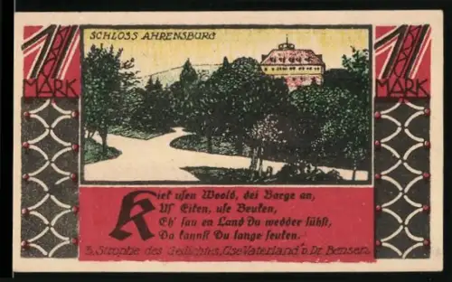 Notgeld Bückeburg 1921, 1 Mark, Schlossansicht und Landschaftsmotiv
