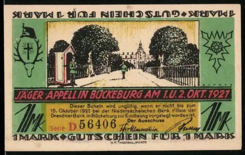 Notgeld Bückeburg 1921, 1 Mark, Jägerappell und Lutherkirche
