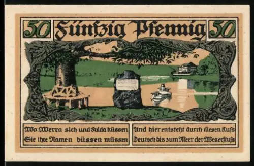 Notgeld Hann. Münden 1921, 50 Pfennig, Flusslandschaft und Wappen mit Inschrift