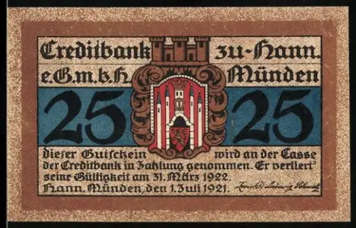 Notgeld Hann. Münden 1921, 25 Pf, Tilly-Schanze und Stadtwappen