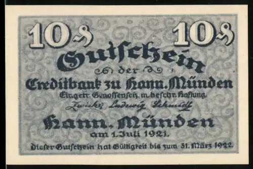 Notgeld Hann. Münden 1921, 10 Pfennig, barocke Putten und Inschrift