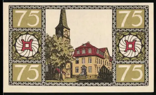 Notgeld Hameln 1921, 75 Pfennig, Kirche und Gebäude, dekorative Muster