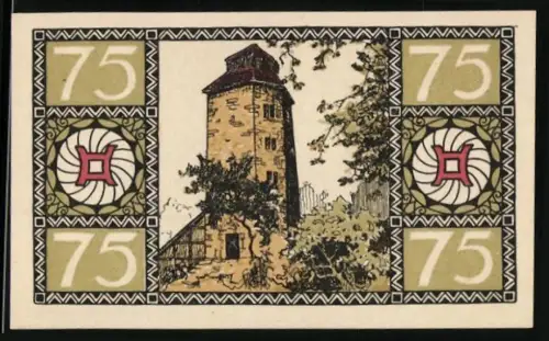 Notgeld Hameln 1921, 75 Pfennig, Turm mit Bäumen und dekorativen Mustern