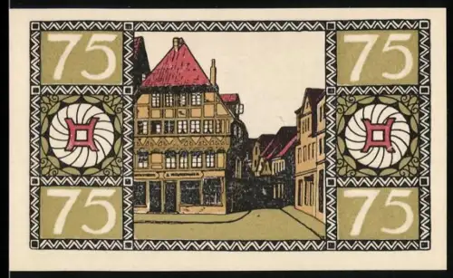 Notgeld Hameln 1921, 75 Pfennig, Fachwerkhäuser und dekorative Muster